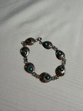 Navajo Indian Sterling Silver Turquoise Bear Paw Link Bracelet 8"